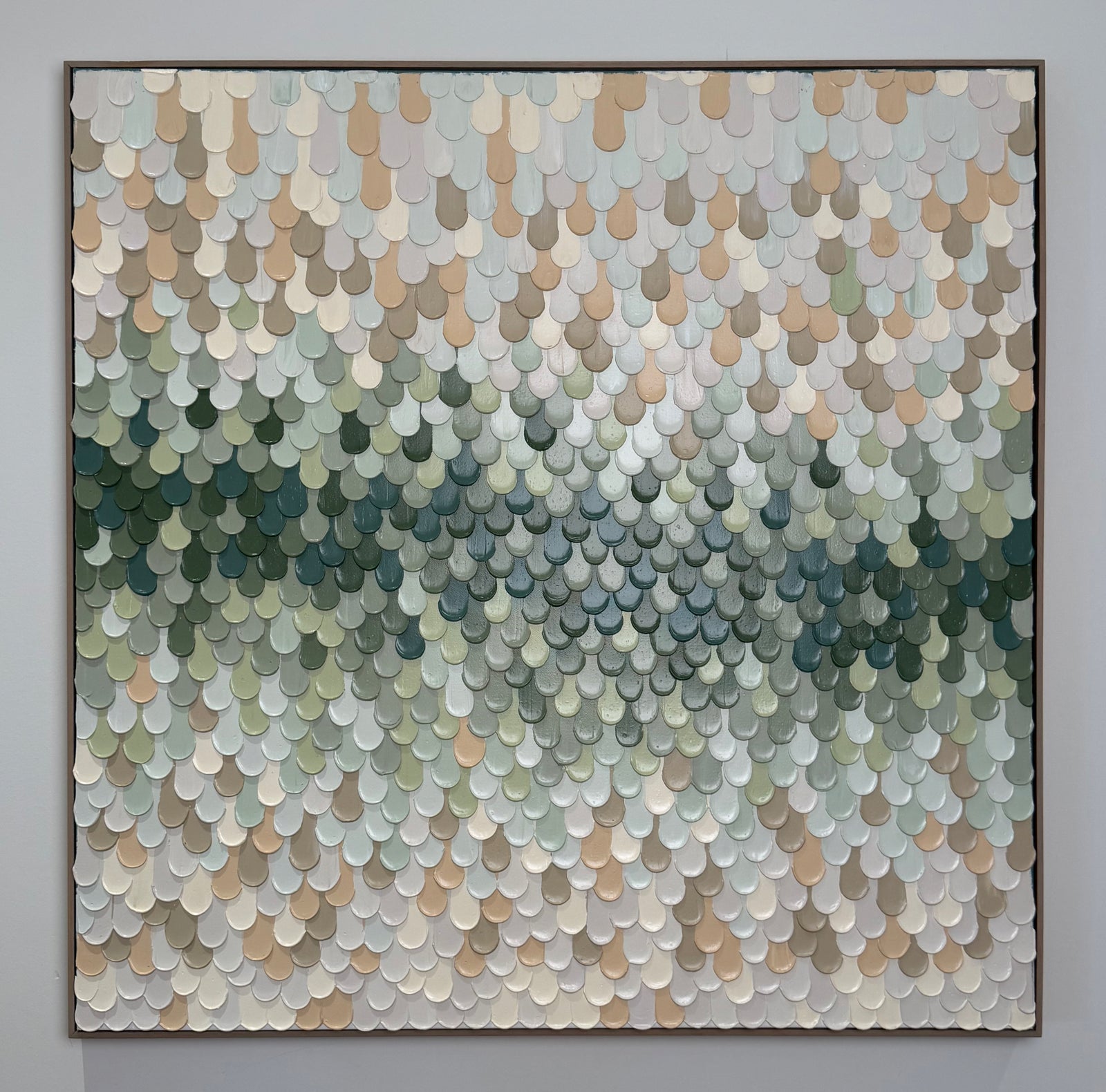 Still Water, Sage — original acrylic painting by Penelope Slaney, soft sage, slate and pale blush tones, 1m × 1m