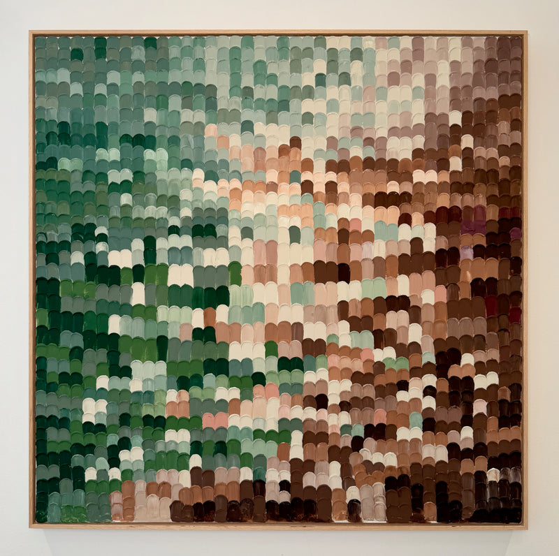 Forest Floor, Green — original acrylic painting by Penelope Slaney, deep forest greens, warm earth browns and soft blush, 1.2m × 1.2m