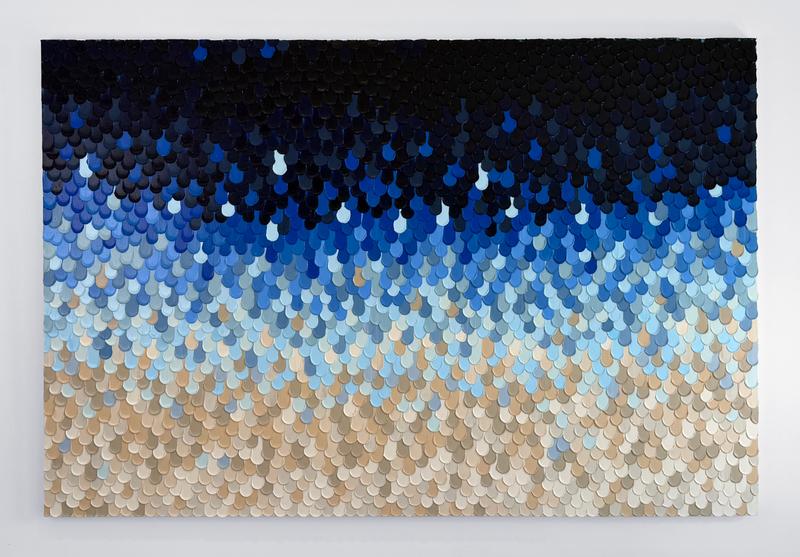 Midnight Shore — large format abstract acrylic painting by Penelope Slaney, deep navy to cobalt to warm sand tones, 1.8m × 1.2m